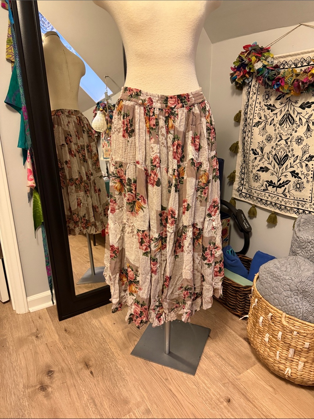Floral Tiered Maxi Skirt in Taupe and Pink
